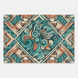 Azteeks geïnspireerd Blauwgroen en terracotta patr Inpakpapier Vel