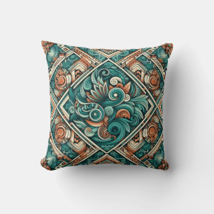 Azteeks geïnspireerd Blauwgroen en terracotta patr Kussen