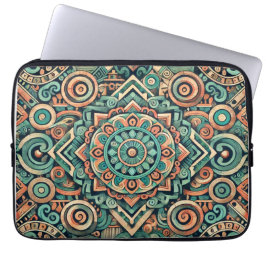 Azteeks geïnspireerd Blauwgroen en terracotta patr Laptop Sleeve