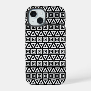 Azteekse Driehoeken+Vierkanten Patroon Wit op Zwar iPhone 15 Hoesje