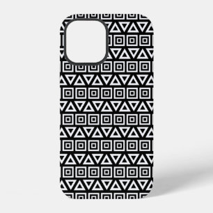 Azteekse Driehoeken+Vierkanten Patroon Wit op Zwar iPhone 12 Hoesje