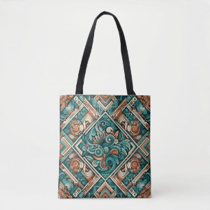 Azteekse geïnspireerd teal en terracotta patroon draagtas
