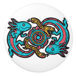 Azteekse God Xolotl Krijgt Gevecht met Jaguar Trib Keramische Knop