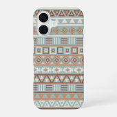 Azteekse invloedspatroon blauwe crème terracotta's iPhone 16 hoesje (Achterkant)