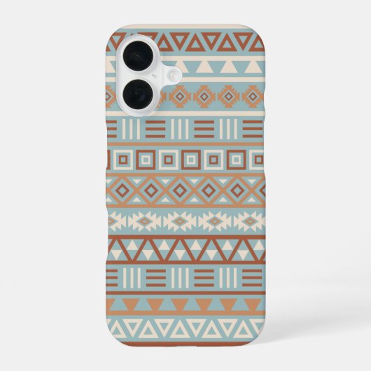 Azteekse invloedspatroon blauwe crème terracotta's iPhone 16 hoesje (Achterkant)