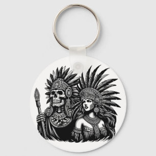 Azteekse Skeleton Warrior met prinses vrouw kunst Sleutelhanger