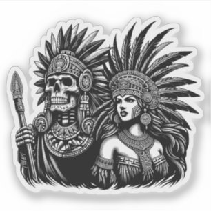 Azteekse Skeleton Warrior met prinses vrouw kunst Sticker