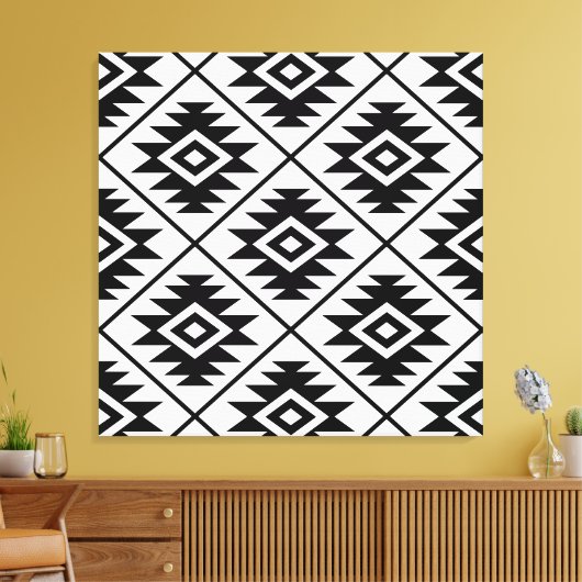 Azteekse symbool gestileerde grote ptn zwart op wi canvas afdruk (Insitu (Woonkamer))