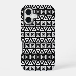 Azteken Driehoeken+Vierkanten Patroon Wit op Zwart iPhone 16 Hoesje