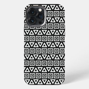 Azteken Driehoeken+Vierkanten Patroon Wit op Zwart iPhone 13 Pro Max Hoesje