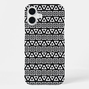 Azteken Driehoeken+Vierkanten Patroon Wit op Zwart iPhone 16 Plus Hoesje