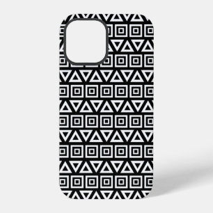 Azteken Driehoeken+Vierkanten Patroon Wit op Zwart iPhone 12 Pro Hoesje
