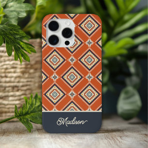 Azteken Stam Patroon Roest Blauw Gepersonaliseerde iPhone 15 Pro Max Hoesje