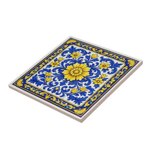 Azul Flor Dourada — Bloem Azulejo  Tegeltje