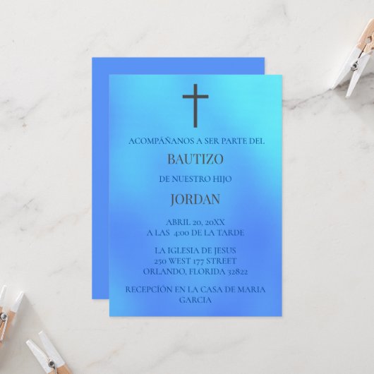 Azul Invitación de bautizo Kaart (Voorkant / Achterkant in situ)