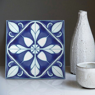 Azulejo Blauw en Wit Symmetrische Bloemen Tegeltje