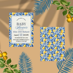 Azulejo citroenen blauw blad botanisch Baby shower Kaart