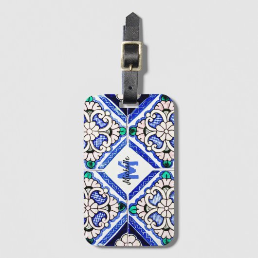 Azulejo Spanish Pattern Tiles Navy White Monogram Bagagelabel (Voorkant (verticaal))