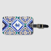 Azulejo Spanish Pattern Tiles Navy White Monogram Bagagelabel (Voorkant (horizontaal))