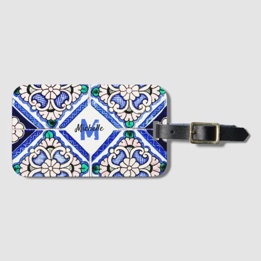 Azulejo Spanish Pattern Tiles Navy White Monogram Bagagelabel (Voorkant (horizontaal))
