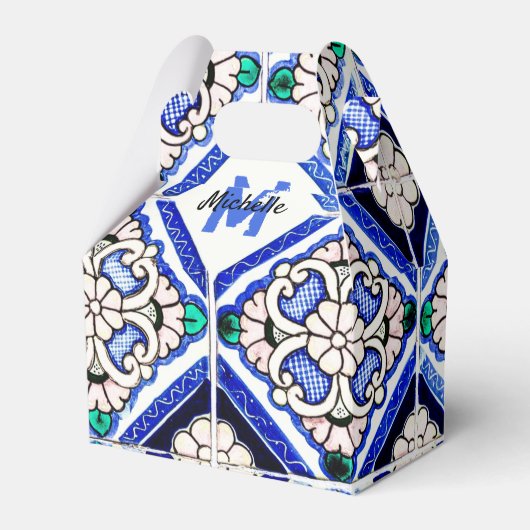 Azulejo Spanish Pattern Tiles Navy White Monogram Bedankdoosjes (Voorkant Zijde)