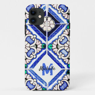 Azulejo Spanish Pattern Tiles Navy White Monogram iPhone 11 Hoesje