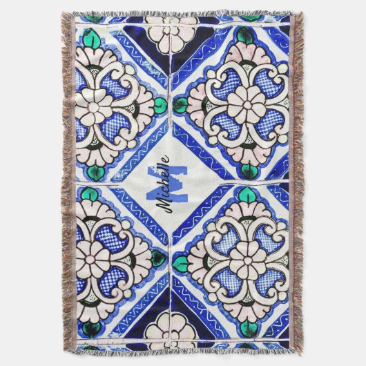 Azulejo Spanish Pattern Tiles Navy White Monogram Deken (Voorkant Verticaal)