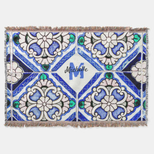 Azulejo Spanish Pattern Tiles Navy White Monogram Deken