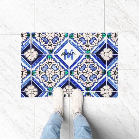 Azulejo Spanish Pattern Tiles Navy White Monogram Deurmat (Binnen)