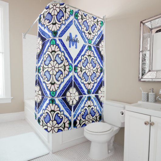 Azulejo Spanish Pattern Tiles Navy White Monogram Douchegordijn (In situ)