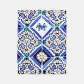 Azulejo Spanish Pattern Tiles Navy White Monogram Fleece Deken (Voorkant)