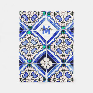 Azulejo Spanish Pattern Tiles Navy White Monogram Fleece Deken