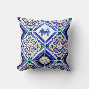Azulejo Spanish Pattern Tiles Navy White Monogram Kussen