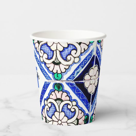 Azulejo Spanish Pattern Tiles Navy White Monogram Papieren Bekers (Achterkant)