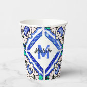 Azulejo Spanish Pattern Tiles Navy White Monogram Papieren Bekers (Links)