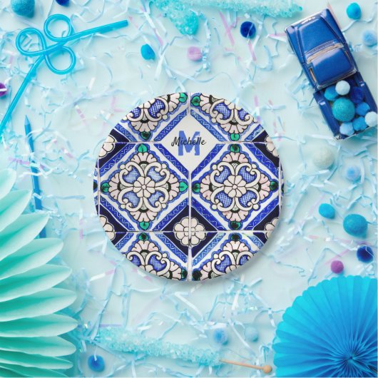 Azulejo Spanish Pattern Tiles Navy White Monogram Papieren Bordje (Feest)