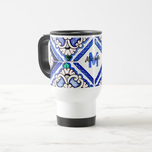 Azulejo Spanish Pattern Tiles Navy White Monogram Reisbeker (Voorkant links)