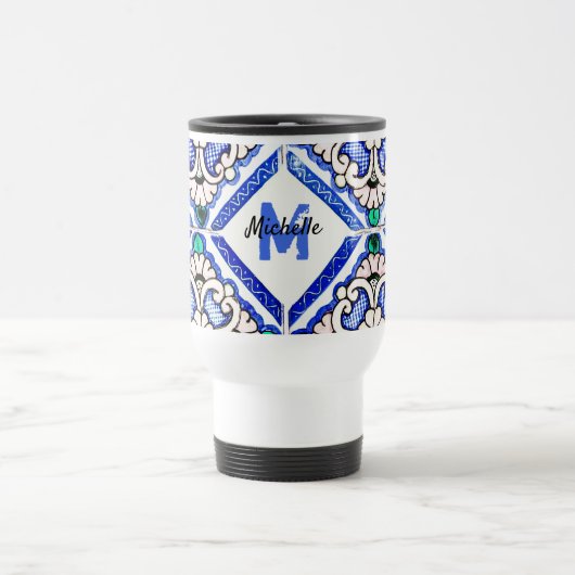 Azulejo Spanish Pattern Tiles Navy White Monogram Reisbeker (Center)