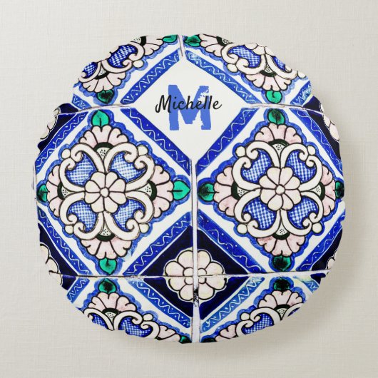 Azulejo Spanish Pattern Tiles Navy White Monogram Rond Kussen (Voorkant)