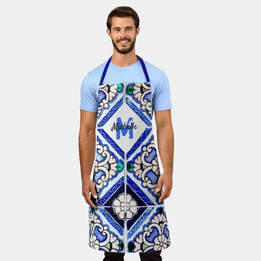Azulejo Spanish Pattern Tiles Navy White Monogram Schort (Gedragen)