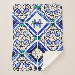 Azulejo Spanish Pattern Tiles Navy White Monogram Sherpa Deken