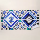Azulejo Spanish Pattern Tiles Navy White Monogram Strandlaken (Voorkant)