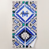 Azulejo Spanish Pattern Tiles Navy White Monogram Strandlaken (Voorkant)