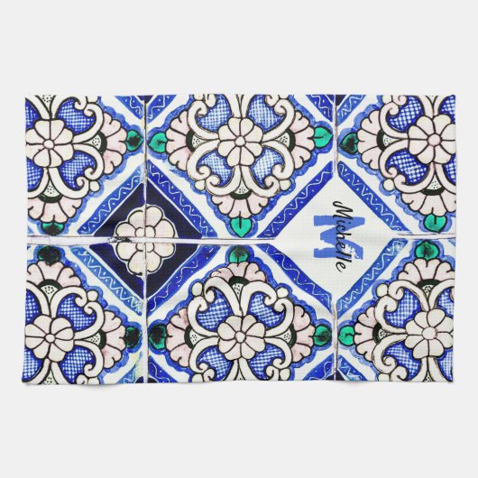 Azulejo Spanish Pattern Tiles Navy White Monogram Theedoek (Horizontaal)