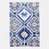 Azulejo Spanish Pattern Tiles Navy White Monogram Theedoek (Verticaal)