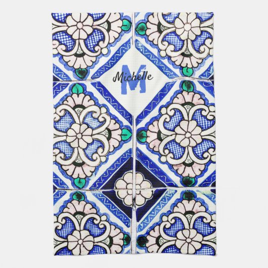 Azulejo Spanish Pattern Tiles Navy White Monogram Theedoek (Verticaal)
