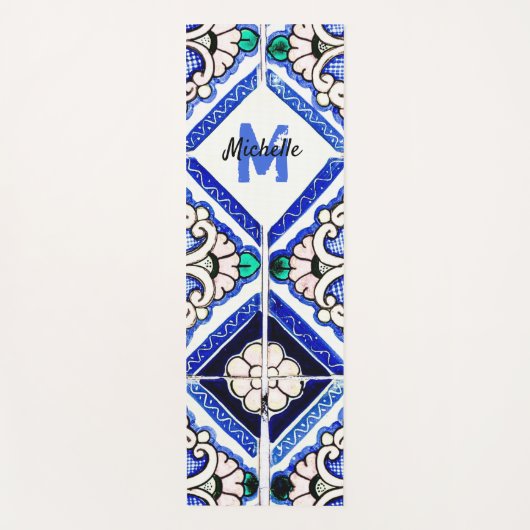 Azulejo Spanish Pattern Tiles Navy White Monogram Yogamat (Voorkant)