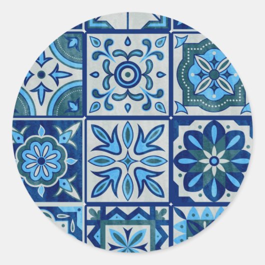Azulejos Blue Portugal Pattern Ronde Sticker (Voorkant)