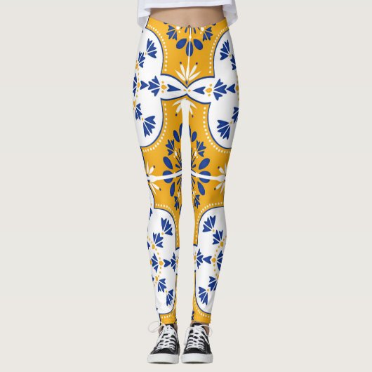 Azulejos Blue Yellow White Pattern Tegel Leggings (Voorkant)