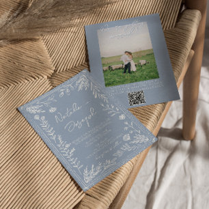 Azurblauwe Bloem Botanische QR Code Foto Bruiloft Kaart